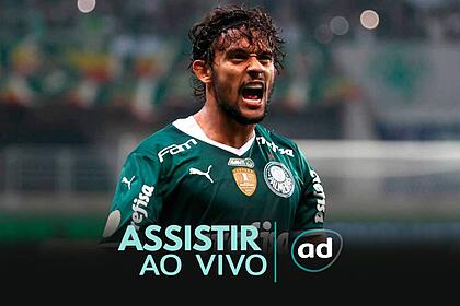 Gustavo Scarpa com a camisa do Palmeiras na arte de Onde Assistir