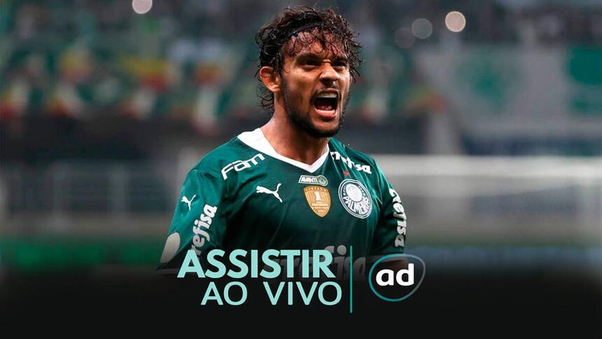 Gustavo Scarpa com a camisa do Palmeiras na arte de Onde Assistir