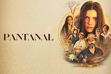 Logo de Pantanal com os protagonistas da novela das nove da TV Globo