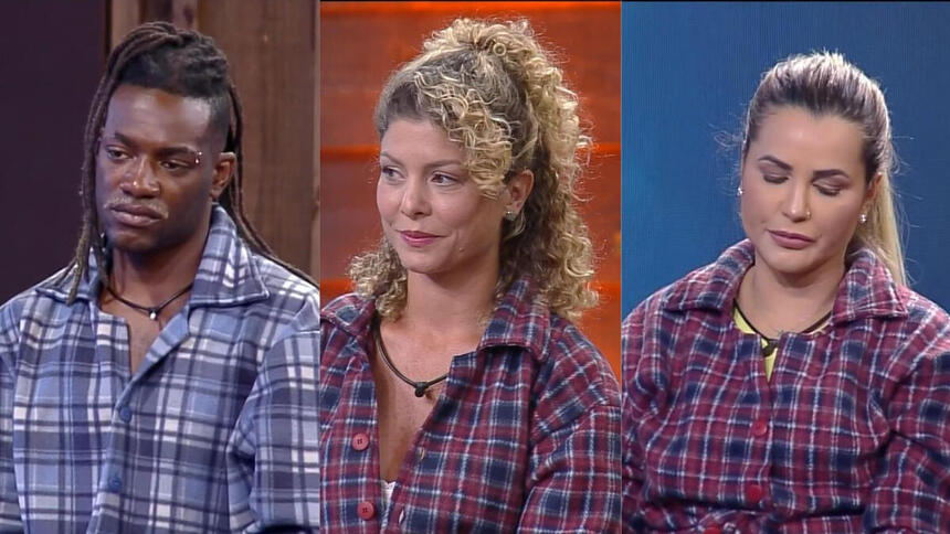 Pelé MilFlows, Bárbara Borges e Deolane Bezerra sentados no banquinho no da Roça Falsa, os três farão a Prova do Fazendeiro