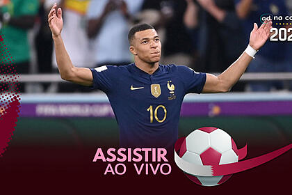 Jogador Mbappé, com a camisa da França,, na arte de onde assistir ao jogo Inglaterra x França