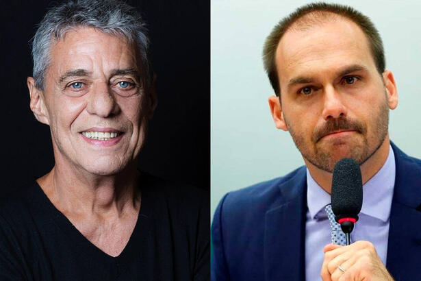 Imagem 1: Chico Buarque sorrindo, de camisa preta durante ensaio fotográfico num estúdio preto; Imagem 2: Eduardo Bolsonaro de paleto azul marinho e camisa social azul clara, segurando um microfone num pulpito, com semblante duvidoso durante ministração