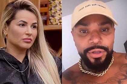 Na imagem, Deolane com semblante sério e Naldo com boné rosa na cabeça