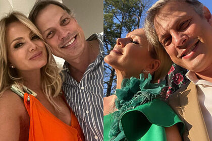 Eliana e Adriano Ricco em duas fotos posadas juntos, abraçados