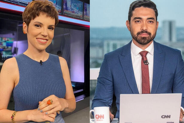 Montagem com Gloria Vanique e Kenzô Machida nos cenários da CNN Brasil