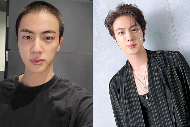 Jin, com o cabelo raspado na primeira foto, em montagem com ele nos bastidores de um show