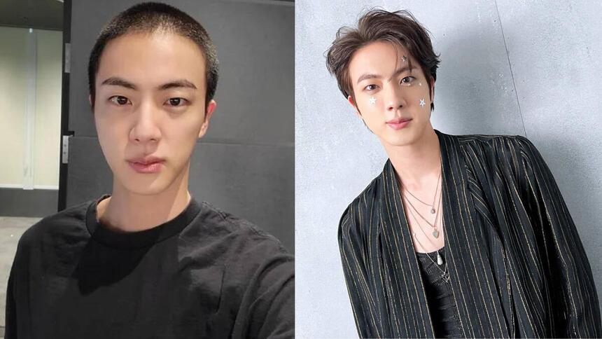 Jin, com o cabelo raspado na primeira foto, em montagem com ele nos bastidores de um show