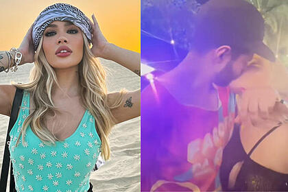 Karoline Lima, em uma foto posada no deserto do Catar, em montagem com ela beijando Rodrigo Mussi na Faroka da Gaky