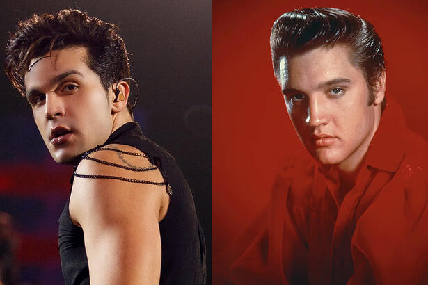 Imagem 1: Luan Santana de perfil, usando colete preto durante performance em show; Imagem 2: Elvis Presley de camisa social vermelha, de cabelo penteado pra traz durante ensaio fotográfio em estúdio com fundo vermelho