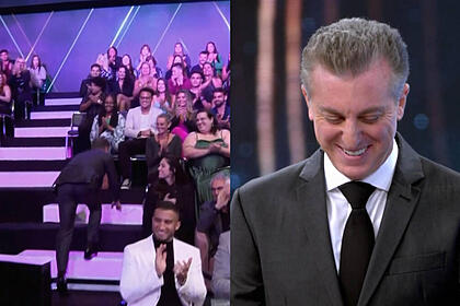 Montagem com Luciano Huck caindo na plateia do Domingão do Melhores do Ano