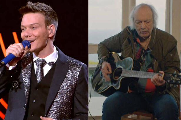 Montagem de Michel Teló, cantando no palco do The Voice Brasil 11, com Erasmo Carlos sentado e tocando violão