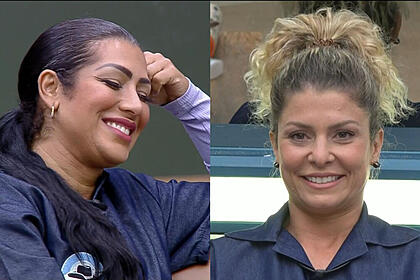 Montagem com Moranguinho sentada no sofá de A Fazenda 14 sorrindo. Na segunda imagem Bárbara Borges também aparece no mesmo sofá sorrindo, ela ganhou placas positivas no Hora do Faro