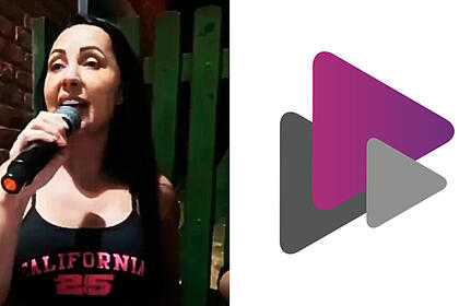 Primeira imagem: Irmã de Deolane segura microfone em frente a sede de A Fazenda. Segunda imagem: logo do Playplus