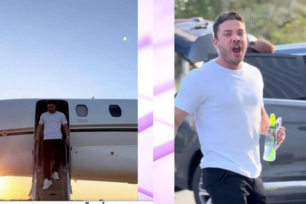 Montagem com Wesley Safadão descendo do seu jatinho na primeira imagem. Na segunda, o cantor aparece bocejando enquanto anda segurando uma garrafa com água