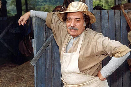 Ator Pedro Paulo Rangel, como o personagem Calixto, em frente uma cerca, na novela O Cravo e a Rosa