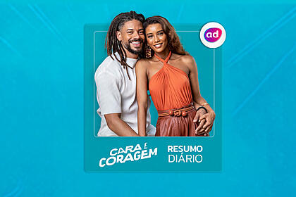Arte de divulgação do resumo diário da novela Cara e Coragem exibida na TV Globo