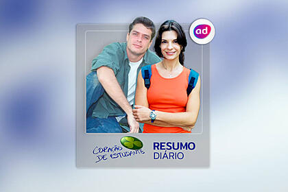 Arte gráfica com o logo e protagonistas da novela Coração do Estudante para o resumo diário