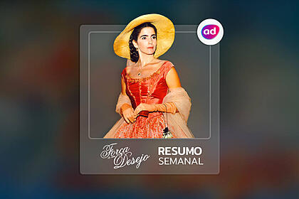 Arte gráfica do resumo semanal da novela força de um desejo no viva com a protagonista da história ester (malu mader)