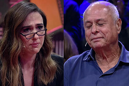 Imagem 1: Tatá Werneck com um blazer e top preto, óculos de grau preto, emocionada; Foto 2: Pai de Tatá Werneck de camisa social preto, com olhos fechados, sentado; durante gravação do Lady Night, do Multishow