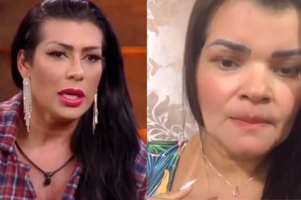 Moranguinho na imagem com semblante sério. Na mesma imagem, a ex-esposa de Naldo aparece séria.