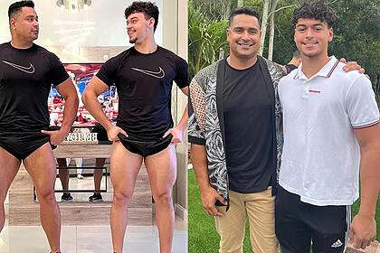 Imagem 1: Xanddy e Victor mostrando as coxas, de camisa e short preto na sala; Imagem 2: Xanddy de camisa florida por cima, camisa preta básica por baixo, sorrindo ao lado de Victor num jardim nos EUA