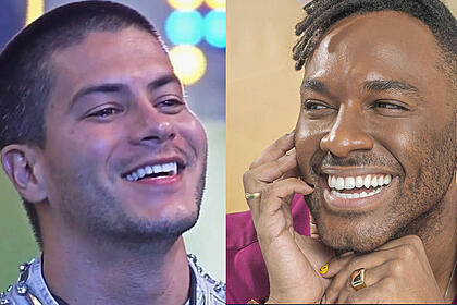 Arthur Aguiar sorrindo durante festa do BBB 22; Imagem 2: Fred Nicácio sorrindo, com a mão no queixo durante ensaio fotográfico pro BBB 23