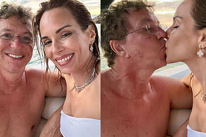 Montagem de Ana Furtado e Boninho juntos, se abraçando e beijando. Ele está sem camisa e ela em trajes de banho