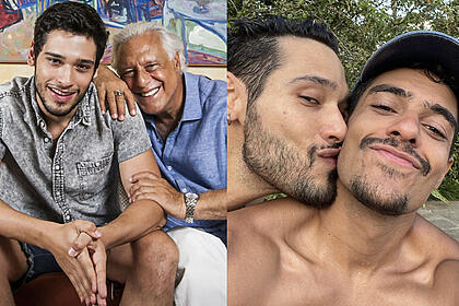 Imagem 1: Bruno Fagundes de camisa cinza e bermuda, com as mãos juntas, sorrindo, sentado ao lado de Antonio Fagundes, que está sorrindo, de camisa social azul e calça branca, sentado com a cabeça encostada no ombro de Bruno; Imagem 2: Bruno beijando o pescoço de Igor Fernandes durante passeio a Minas Gerais
