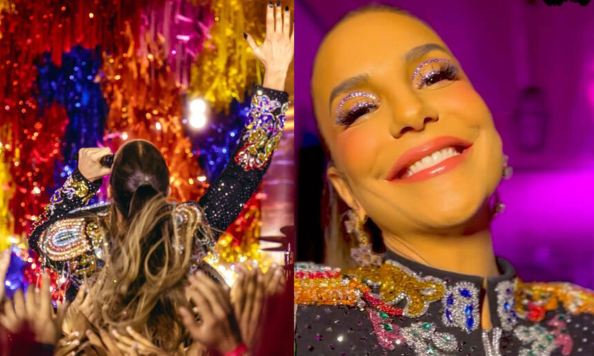 Imagem 1: Ivete Sangalo jogada nos braços dos fãs no meio da multidão; Imagem 2: Ivete Sangalo sorrindo nos bastidores da gravação do EP Chega Mais