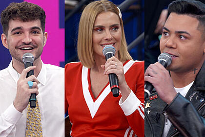 J&atilde;o, Carolina Dieckmann e Felipe Ara&uacute;jo em uma montagem, em trechos do programa Altas Horas