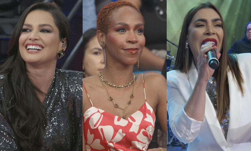 Juliette sorrindo, de vestido preto, sentada; Karol Conka de vestido vermelho e branco, cabelo curto com colar de brilhantes; Naiara Azevedo cantando, segurando o microfone com a mão direita durante gravação do Altas Horas, da TV Globo