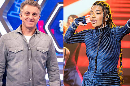 Montagem de Luciano Huck, no palco do Domingão, com Ludmilla se apresentando