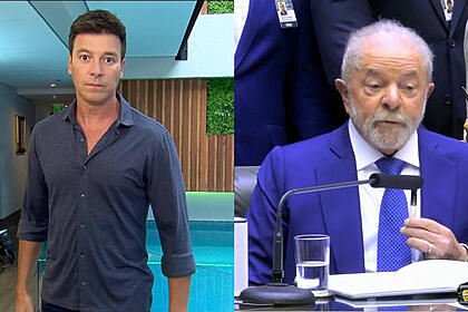 Montagem com Rodrigo Faro no seu programa na primeira imagem. Na segunda, Lula está segurando a caneta que assinava sua posse no Plenário da Câmara