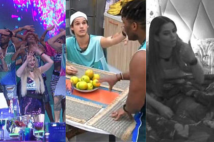 Montagem com três fotos da festa do BBB 23; na primeira Aline e seus colegas dançam ragatanda; na segunda Gabriel e Fred Nicácio aparecem brigando e na última, Key Alves conversa com Gustavo