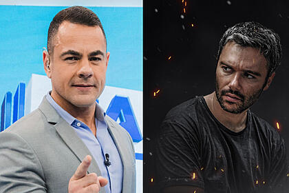 Montagem com duas imagens: Na primeira, Tino Jr. está no cenário do Balanço Geral RJ, na segunda, Nando da Bazuca aparece na arte de divulgação da série A Lei e o Crime