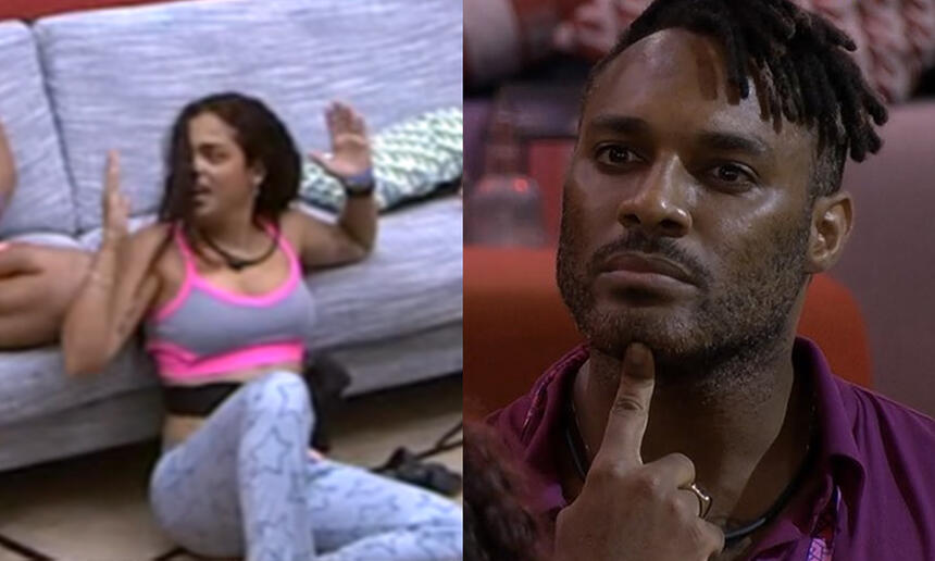 Imagem 1: Paula sentada no chão simulando o tamanho do volume de Fred; Fred de camisa roxa com o dedo no queixo