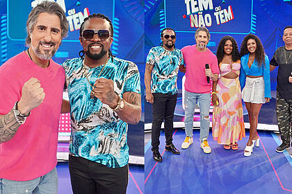 Imagem 1: Marcos Mion sorrindo ao lado de Xande de Pilares; Imagem 2: Mion e Xande acompanhado da esposa, filha e sogro durante gravação do Caldeirão, da TV Globo