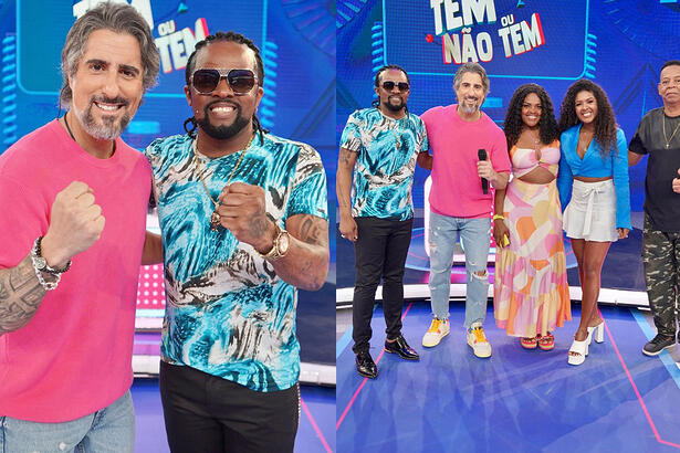 Imagem 1: Marcos Mion sorrindo ao lado de Xande de Pilares; Imagem 2: Mion e Xande acompanhado da esposa, filha e sogro durante gravação do Caldeirão, da TV Globo