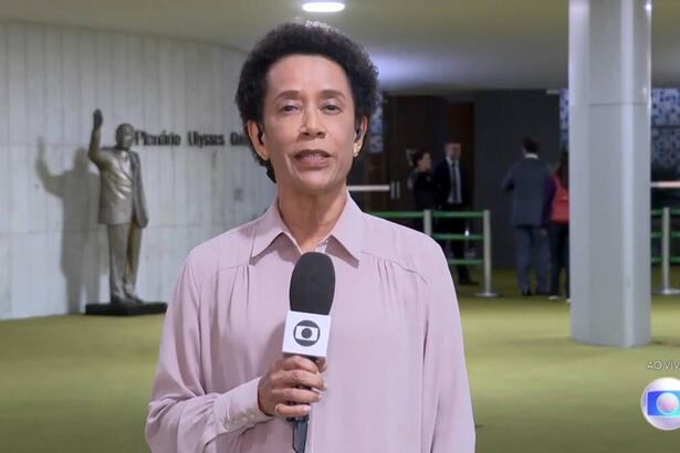 Repórter Zileide Silva, com o microfone em mãos, durante entrada ao vivo no Jornal Nacional
