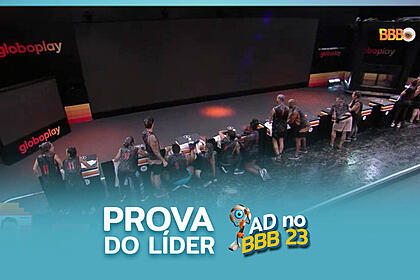 Arte gráfica sobre a Prova do Líder com participantes do BBB 23 no provódromo