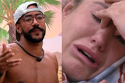 Imagem 1: Ricardo sem camisa, chapéu branco, discutindo; Imagem 2: Bruna Griphao chorando com a mão no rosto
