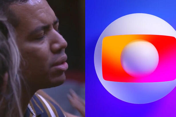 Montagem com duas imagens. Na primeira, Bruno está chorando após apertar o botão e desistir do BBB 23. Na segunda, o logo da TV Globo.