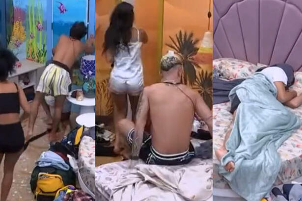 Montagem com as reações dos brothers nos quartos deserto e fundo do mar ao toque do Big Fone