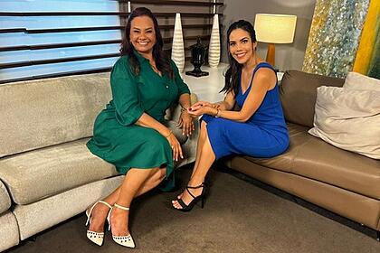 Solange Couto e Daniela Albuquerque em gravação para o Sensacional desta quinta-feira (9)