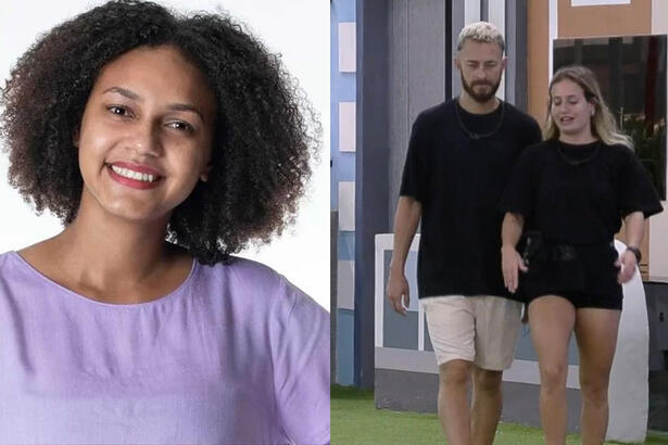 Imagem 1: Jess de camisa roza, sorrindo, durante ensaio fotográfico; Imagem 2: Fred e Bruna no jardim do BBB 23