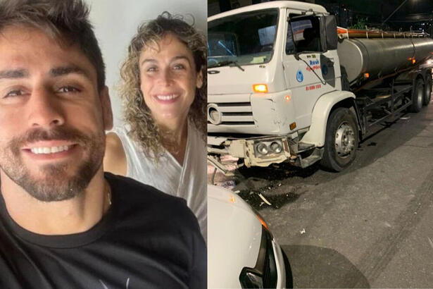 Cara de Sapato posando ao lado da irmã, em montagem com o carro batido em um caminhão