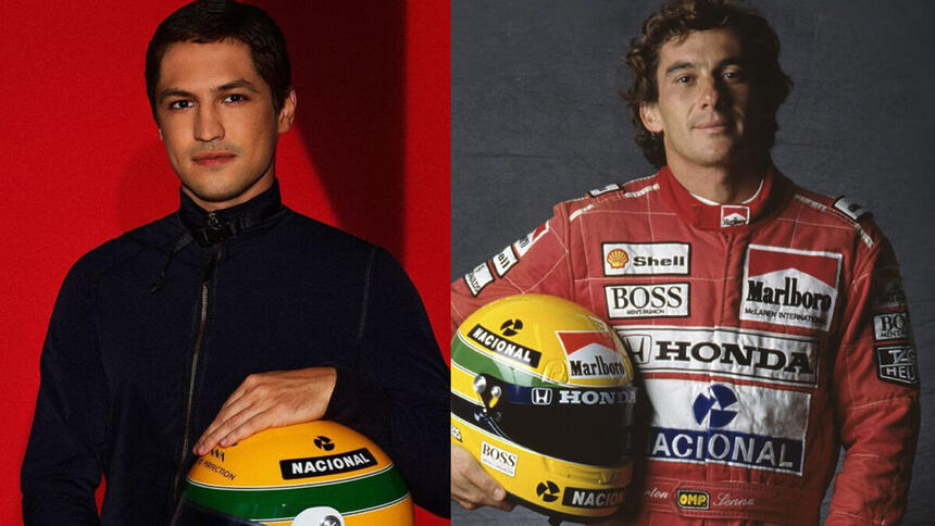 Gabriel Leone e Ayrton Senna em uma montagem, com ambos segurando o capacete de Fórmula 1 em mãos