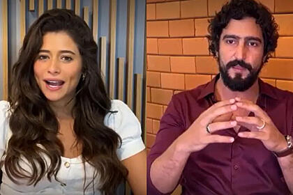 Isadora Cruz e Renato Góes em trecho de suas participações no Conversa com Bial, em gravação por videoconferência