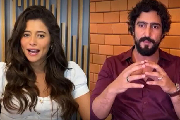 Isadora Cruz e Renato Góes em trecho de suas participações no Conversa com Bial, em gravação por videoconferência