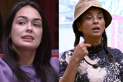 Montagem com trechos da discussão entre Larissa e Domitila Barros na sala do BBB 23